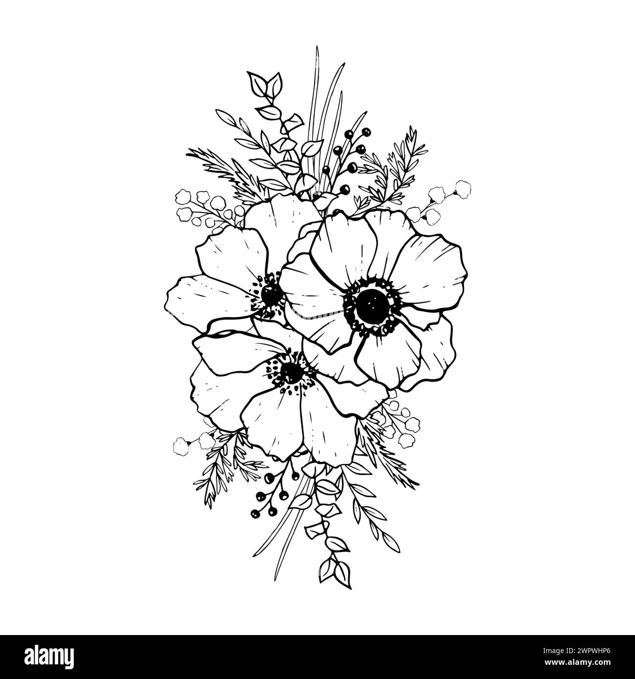 Bouquet di fiori di anemoni vettoriali con erbe di campo Illustrazione Vettoriale