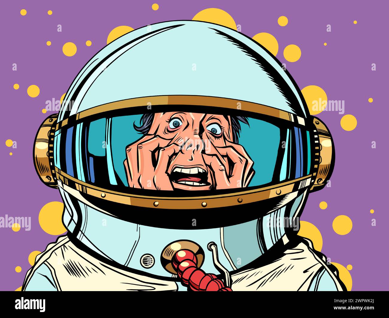 Un uomo con un aspetto pazzo è bloccato in una tuta da astronauta. Orrore spaziale disperazione dell'equipaggio dello shuttle. Offerte inimmaginabili per gli uomini. Fumetto cartoon pop art re Illustrazione Vettoriale