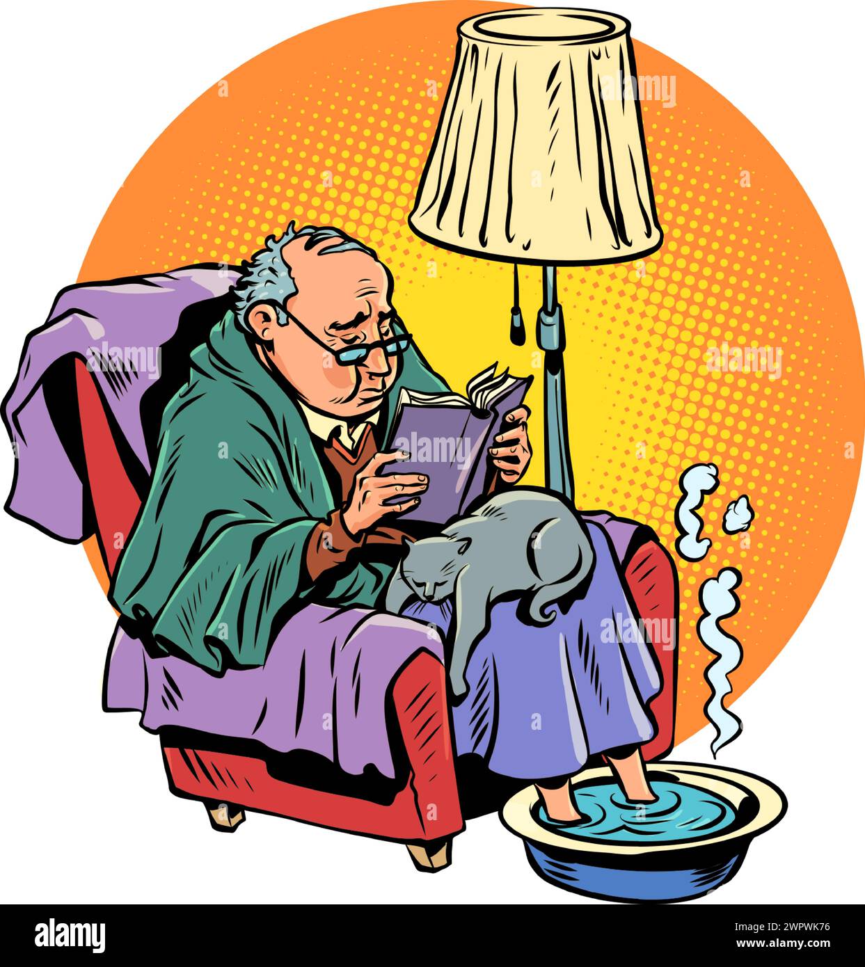 Un uomo anziano legge comodamente un libro a casa. Tempo libero di una persona anziana. Lavorare per la comodità degli anziani. Fumetto cartoon pop art retrò vect Illustrazione Vettoriale