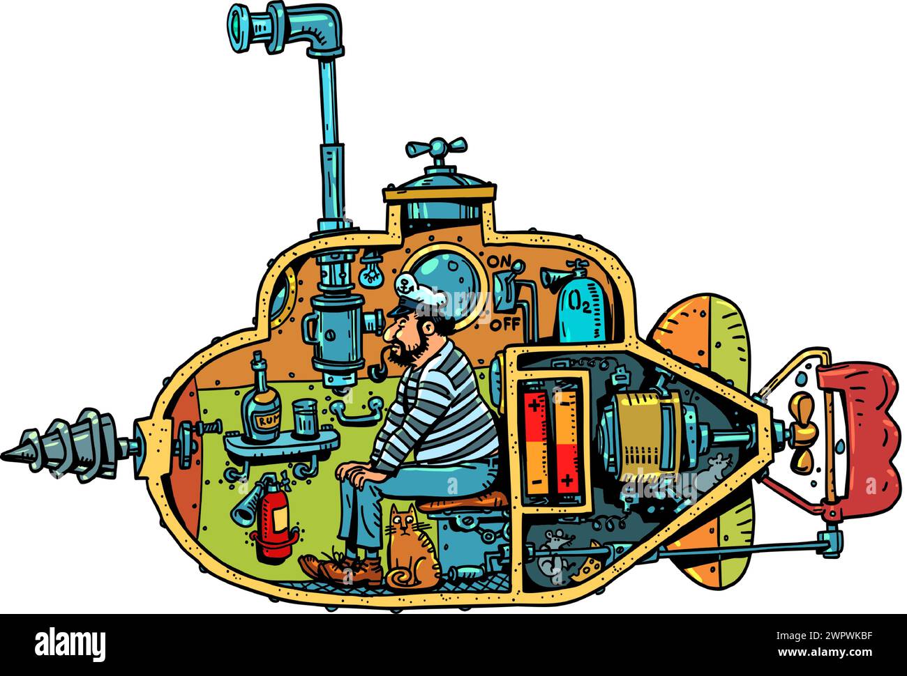 Un marinaio naviga in un sottomarino esplorando l'oceano. I turisti originari viaggiano all'estero in condizioni insolite. Lavoro scientifico sull'esplorazione del de Illustrazione Vettoriale