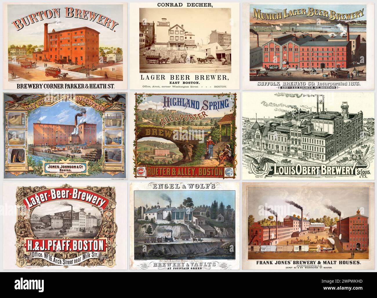 Set di autentici poster delle aziende birrarie americane del XIX secolo, design della collezione pubblicitaria della birreria Foto Stock