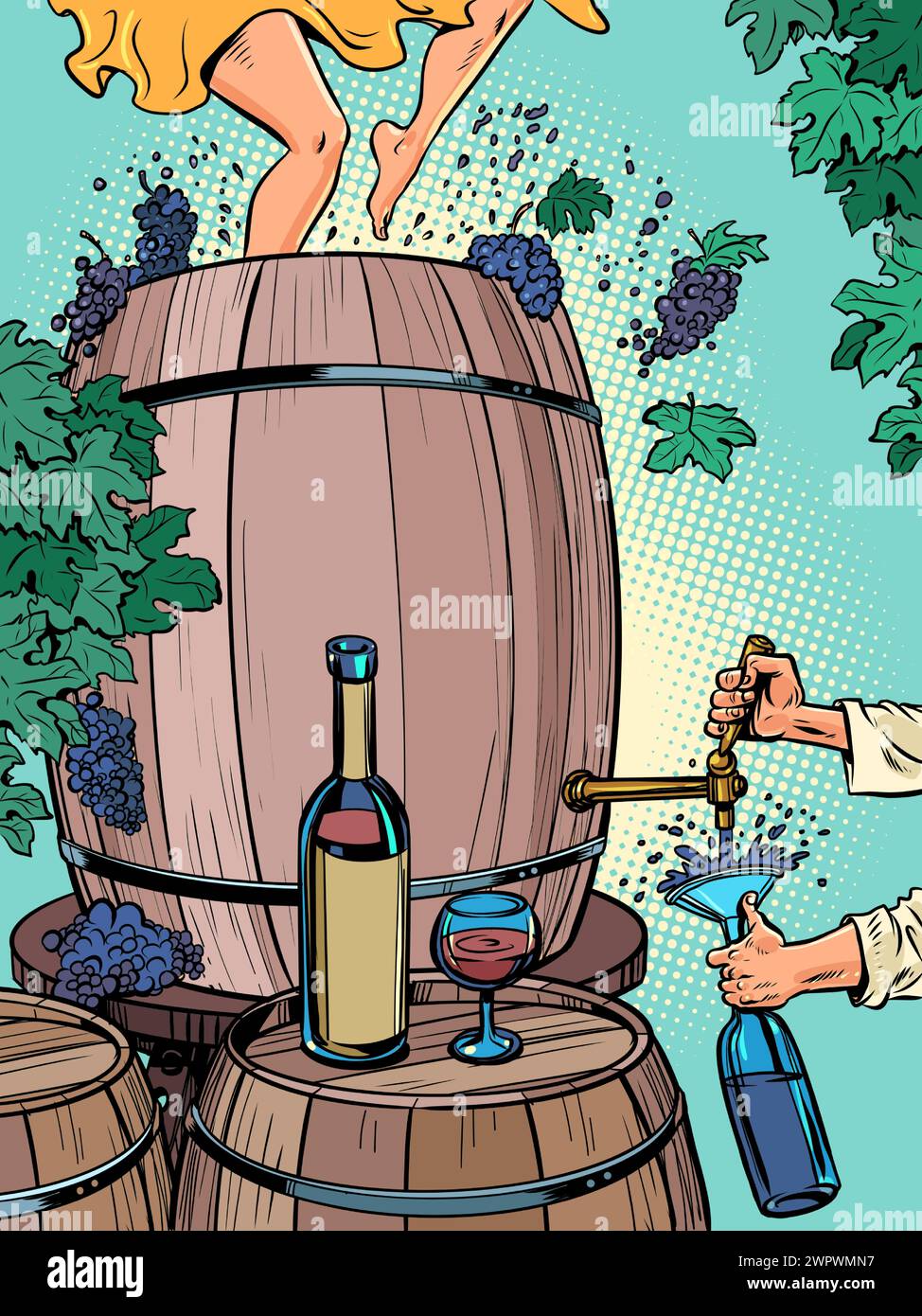 Il processo di creazione del vino e di berlo all'istante. Una grande botte d'uva, i piedi delle donne che le schiacciano, un uomo che versa una bevanda in una bottiglia. ALC Illustrazione Vettoriale