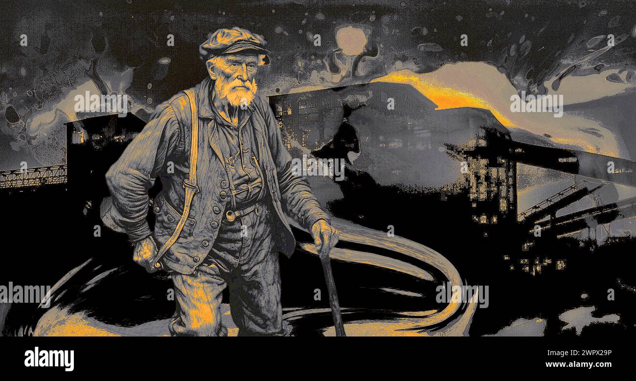 "End of the Road" è una rappresentazione potente ed emotiva di un minatore di carbone antracite, tra le torreggianti strutture dell'Huber Coal Breaker Ashley PA Foto Stock