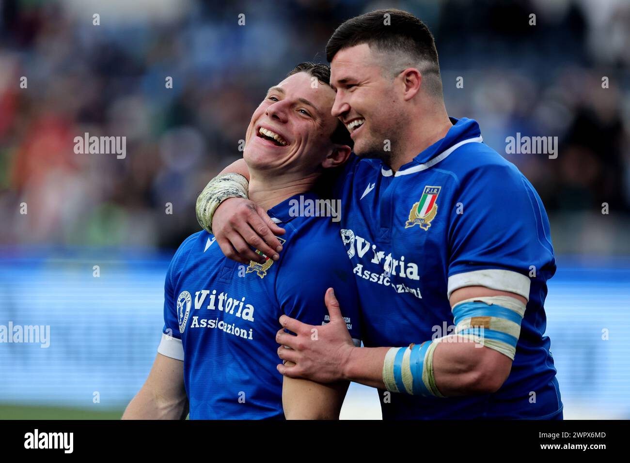 Roma, Italia. 9 marzo 2024. Roma, Italia 09.03.2024: Paolo GARBISI (italia), Giosue ZILOCCHI (italia) celebra la vittoria al termine della partita del torneo Guinness Six Nations 2024 tra Italia e Scozia allo Stadio Olimpico il 9 marzo 2024 a Roma. Credito: Agenzia fotografica indipendente/Alamy Live News Foto Stock