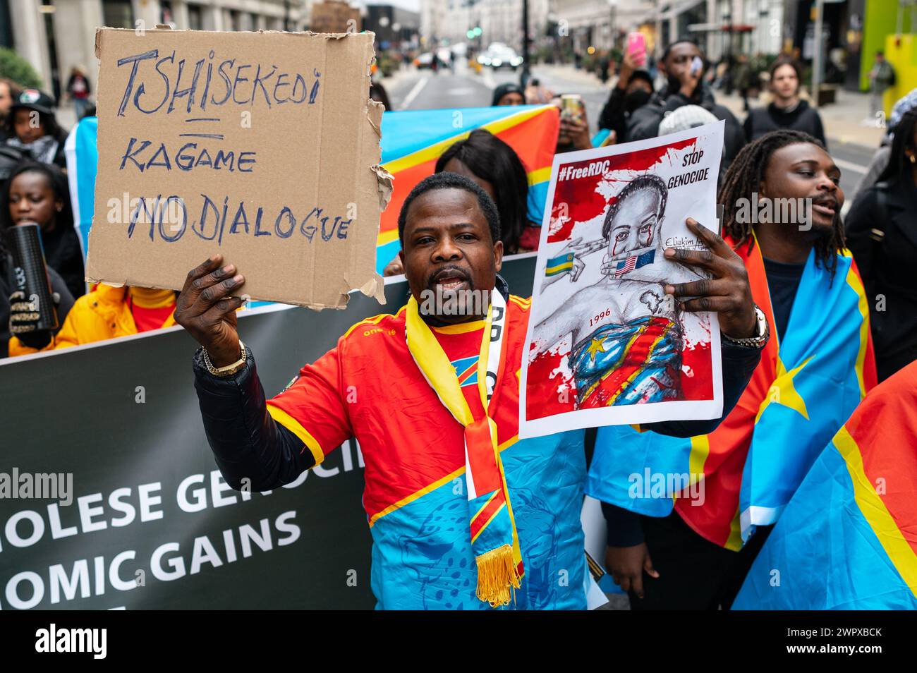 Londra, Regno Unito. 9 marzo 2024. Protesta a sostegno delle donne danneggiate, stuprate e uccise nella Repubblica Democratica del Congo. I manifestanti marciano dalla BBC Broadcasting House a Trafalgar Square. Crediti: Andrea Domeniconi/Alamy Live News Foto Stock