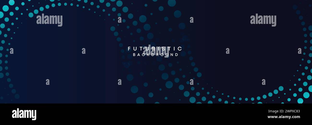 Sfondo Web gradiente per banner blu scuro con tecnologia digitale. Linee di ondulazione astratte blu cerchi mezzitoni incorniciano lo sfondo diagonale geometrico luminoso Illustrazione Vettoriale
