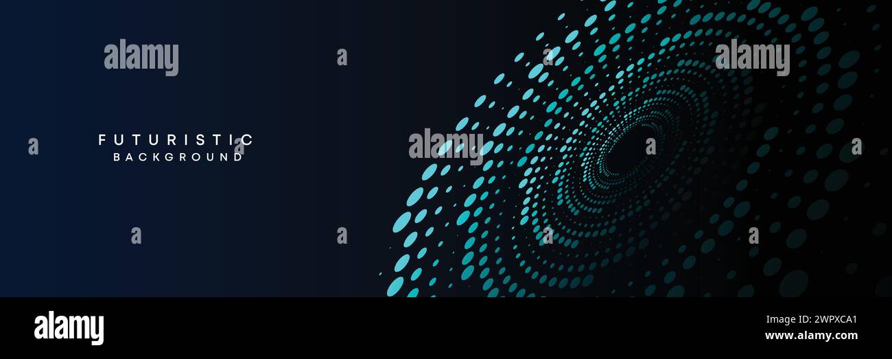 Sfondo Web gradiente per banner blu scuro con tecnologia digitale. Linee di ondulazione astratte blu cerchi mezzitoni incorniciano lo sfondo diagonale geometrico luminoso Illustrazione Vettoriale
