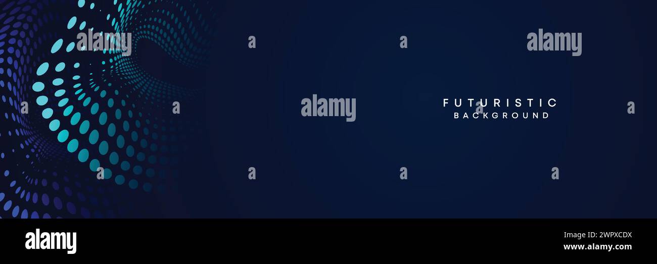 Sfondo Web gradiente per banner blu scuro con tecnologia digitale. Linee di ondulazione astratte blu cerchi mezzitoni incorniciano lo sfondo diagonale geometrico luminoso Illustrazione Vettoriale