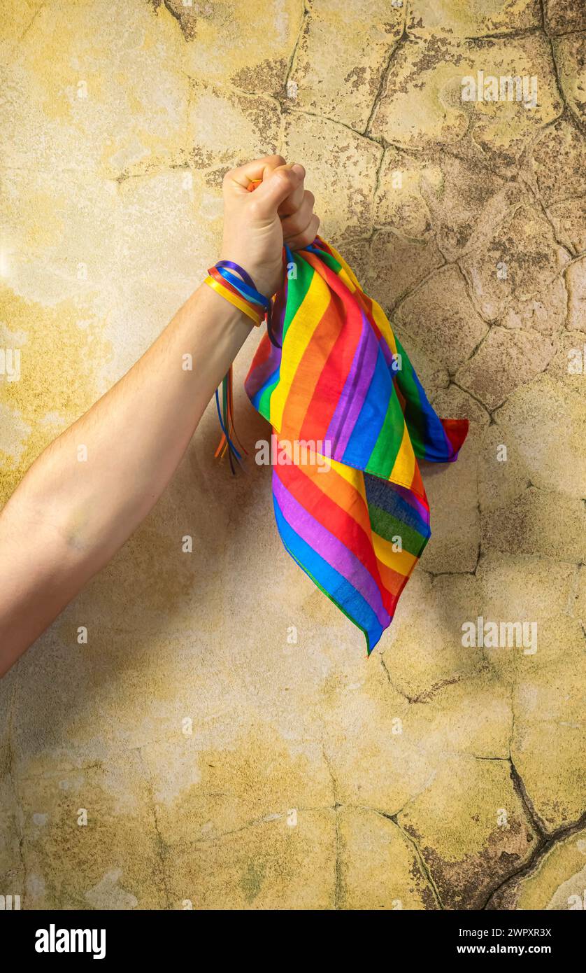Mano femminile con bracciale arcobaleno che regge saldamente una bandiera lgbt, mostrando orgoglio e rispetto. Foto Stock