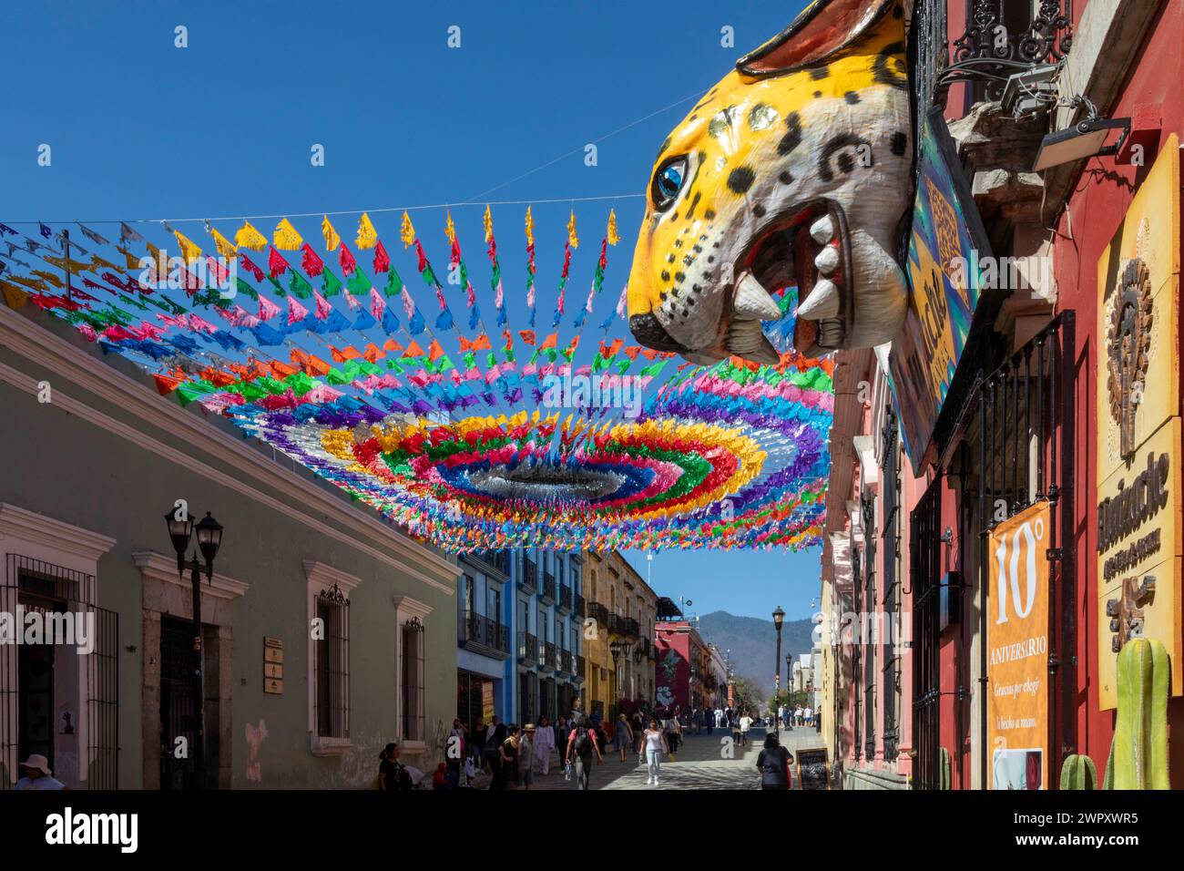 Oaxaca, Messico - negozi lungo Calle Macedonio Alcala, una strada principale aperta solo ai pedoni. Foto Stock