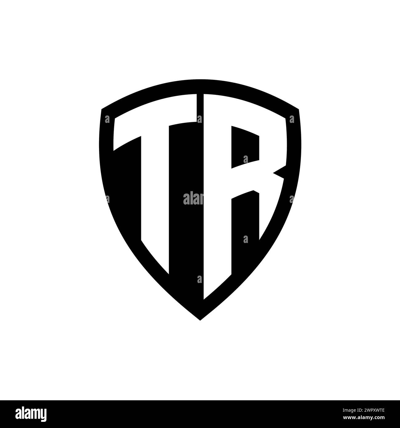 Logo TR monogramma con lettere in grassetto forma a scudo con modello di colore bianco e nero Foto Stock