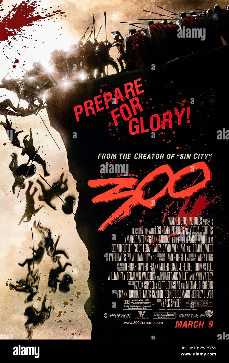 300 (2006) diretto da Zack Snyder e interpretato da Gerard Butler, Lena Headey e David Wenham. Re Leonida conduce 300 spartani in battaglia contro l'esercito invasore di Serse, composto da più di 300.000 soldati. Fotografia di un poster originale da 2006 US a un foglio. ***SOLO PER USO EDITORIALE*** credito: BFA / Warner Bros Foto Stock