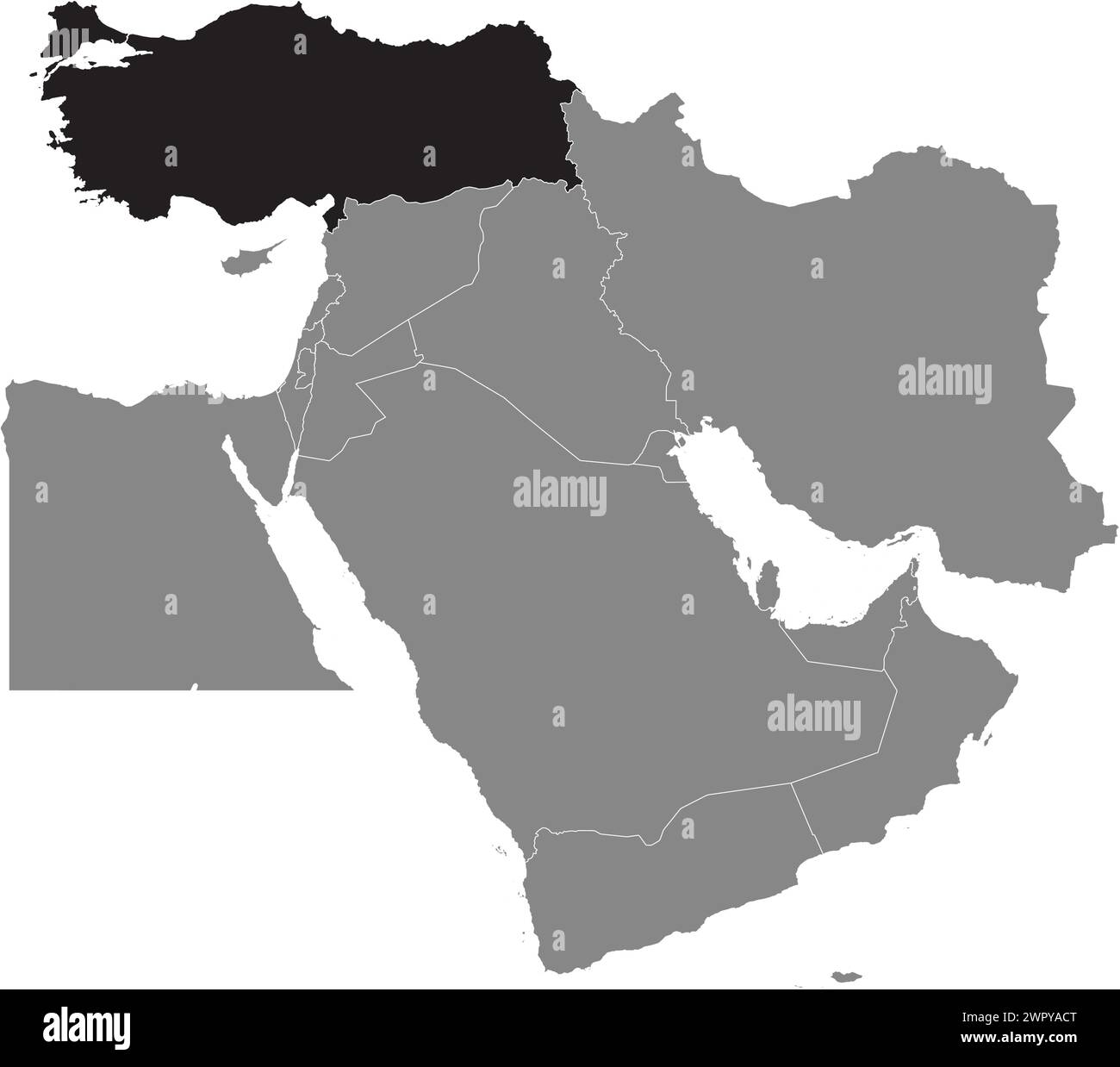 Mappa nera della TURCHIA (Türkiye) all'interno mappa grigia del Medio Oriente Illustrazione Vettoriale