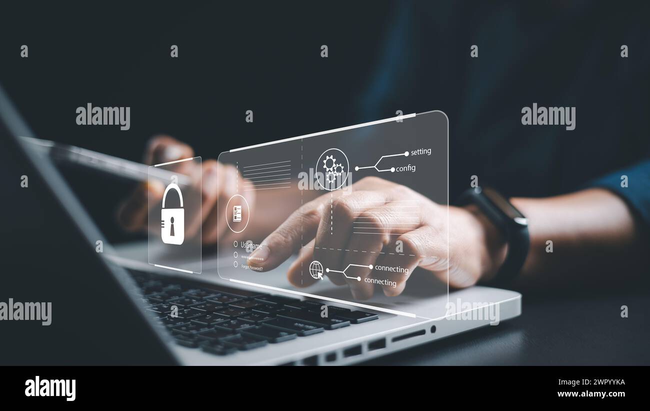 Concetto di sicurezza informatica, sicurezza e crittografia della privacy degli utenti, accesso sicuro a Internet tecnologie future e cibernetica, lucchetto dello schermo. Icona lucchetto e io Foto Stock