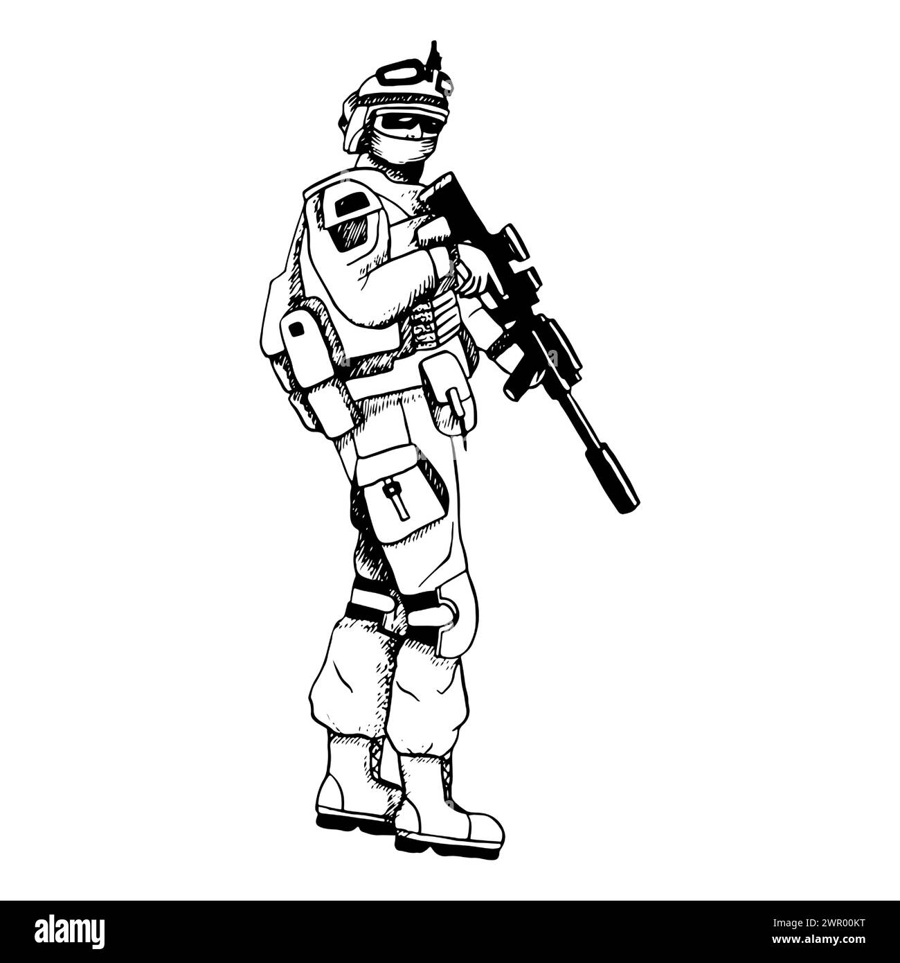 Vector Modern Israel o US Army Soldier in uniforme con riffle d'assalto in inchiostro bianco e nero per disegni di guerra e pace o Veteran Day. Illustrazione Vettoriale