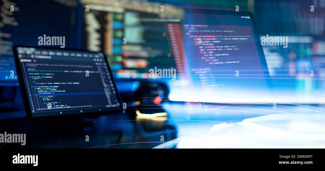 Sviluppo del concetto di programmazione e codifica nel settore della tecnologia digitale Foto Stock