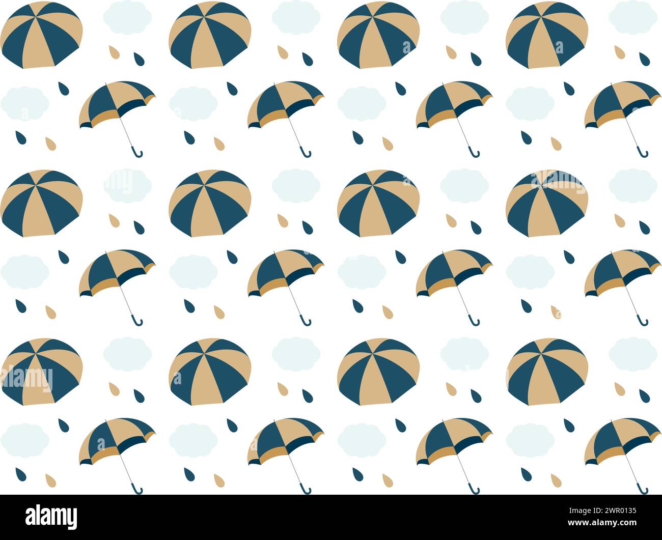 Motivo senza cuciture di ombrelli blu navy e oro e nuvole di pioggia. Materiale di fondo semplice e calmo ispirato alla stagione delle piogge. Illustrazione Vettoriale