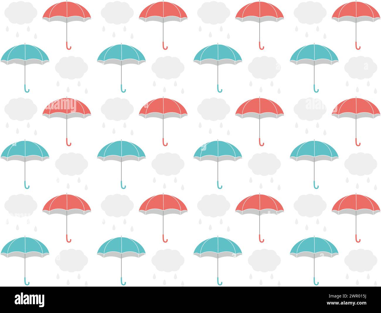 Motivo senza cuciture di ombrelli rosa e azzurro e pioggia. Sfondo colorato e carino ispirato alla stagione delle piogge. Illustrazione Vettoriale