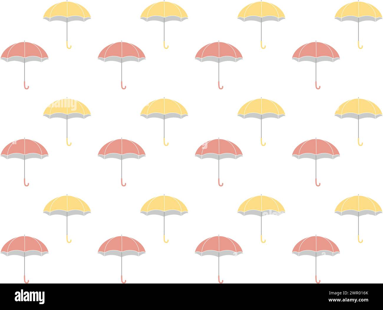 Motivo senza cuciture di ombrelli gialli e rosa. Sfondo colorato e carino ispirato alla stagione delle piogge. Illustrazione Vettoriale