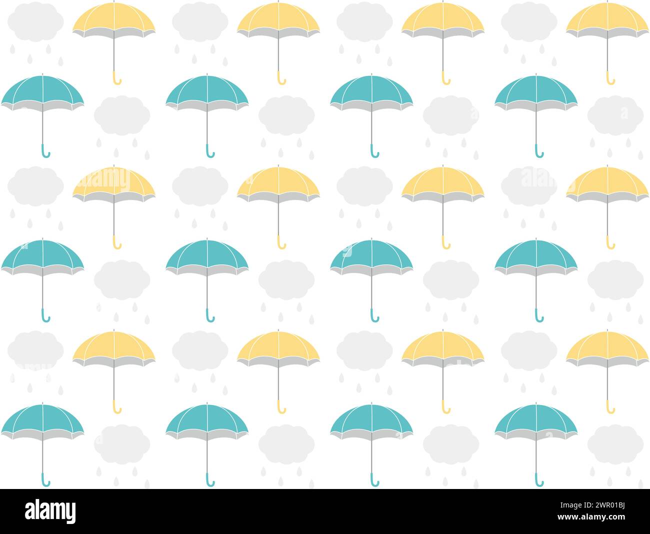 Motivo senza cuciture con ombrelli gialli e azzurri e nuvole di pioggia. Sfondo colorato e carino ispirato alla stagione delle piogge. Illustrazione Vettoriale