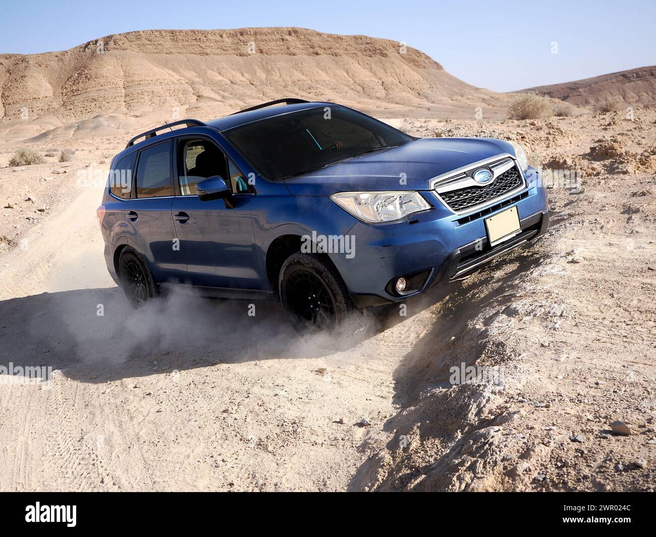Subaru Forester supera un ostacolo nel deserto. Modello di auto 2014. Foto Stock