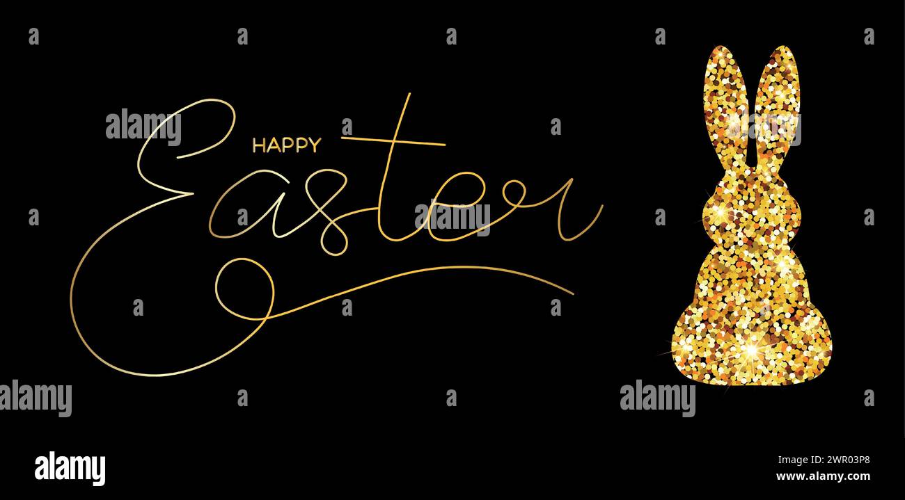 Elegante design dei biglietti d'auguri. Striscione Happy Easter con scintillante silhouette di coniglio dorata su sfondo scuro. Coniglietto carino per il marchio, l'etichetta, i bambini invi Illustrazione Vettoriale