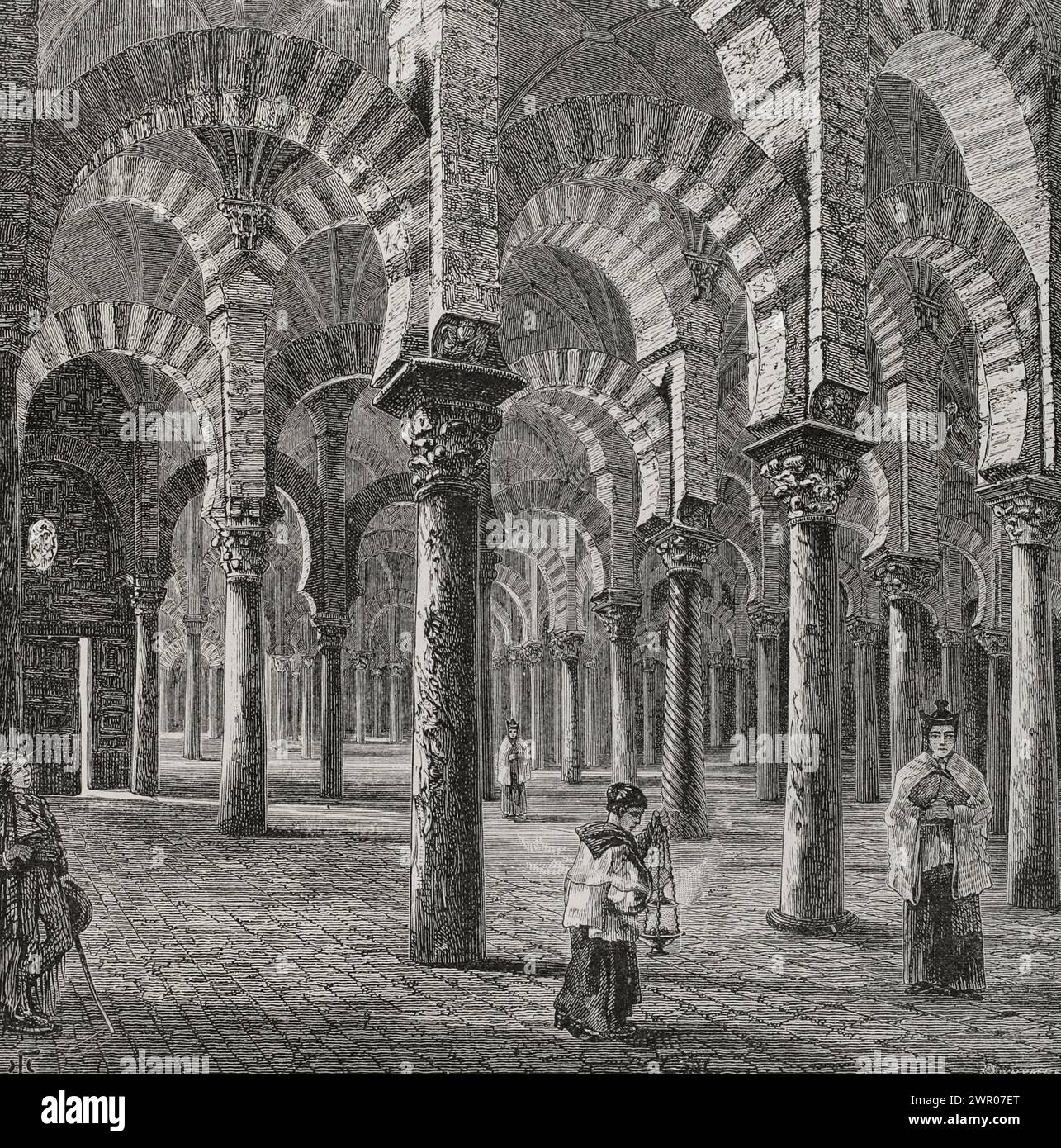 Cordova, Andalusia, Spagna. Grande Moschea di Cordova o Cattedrale di nostra Signora dell'assunzione. Interno. Incisione. "Glorias Españolas" (Glorie di Spagna). Volume II Pubblicato a Barcellona, 1890. Autore: Joan Serra Pausas (attivo 1861-1902). Foto Stock