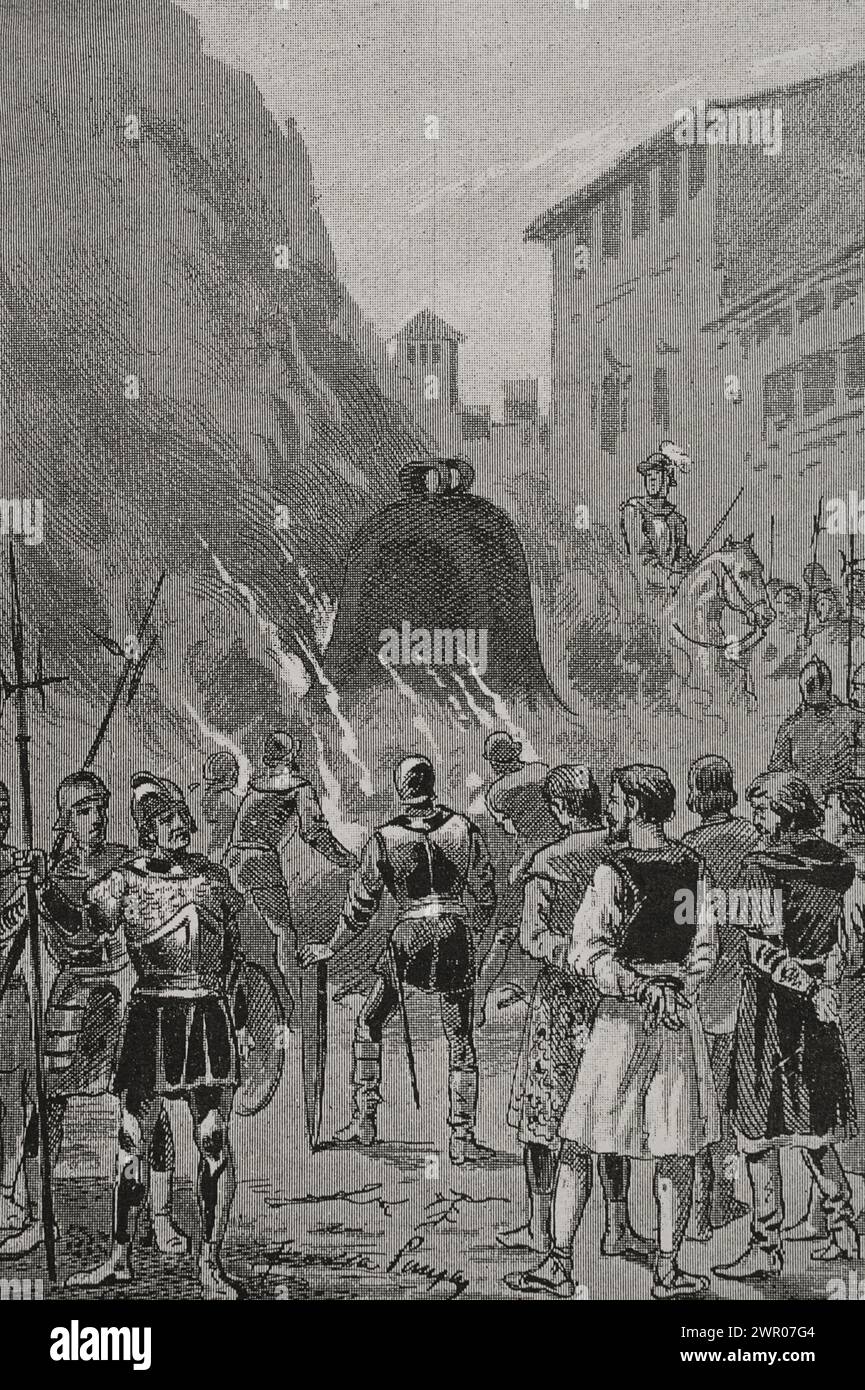 Pietro IV d'Aragona (1319-1387), il Ceremonioso. Re d'Aragona, Valencia e Maiorca le truppe di Pietro il Ceremonioso combatterono contro gli unionisti valenciani nel 1348, sconfiggendoli e conquistando la città di Valencia. Dopo aver soppresso la ribellione, Pietro IV ordinò di sciogliere le campane che erano state usate per chiedere che gli insorti fossero reclutati, costringendoli a bere il liquido fuso come punizione. Incisione di Serra Pausas. "Glorias Españolas" (Glorie di Spagna). Volume II Pubblicato a Barcellona, 1890. Autore: Joan Serra Pausas (attivo 1861-1902). Foto Stock