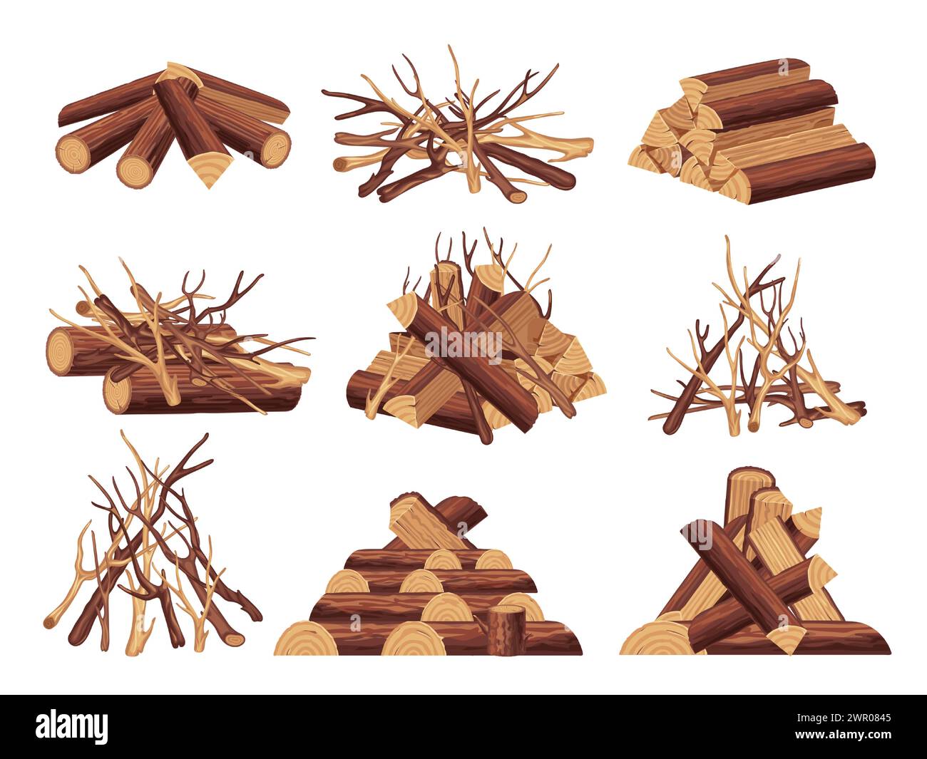 Legno di cartoni animati per falò. Pelo di legna da ardere per falò, tronchi di tronchi secchi per camino, carburante forestale per campeggio. Set di cartoni animati vettoriali Illustrazione Vettoriale