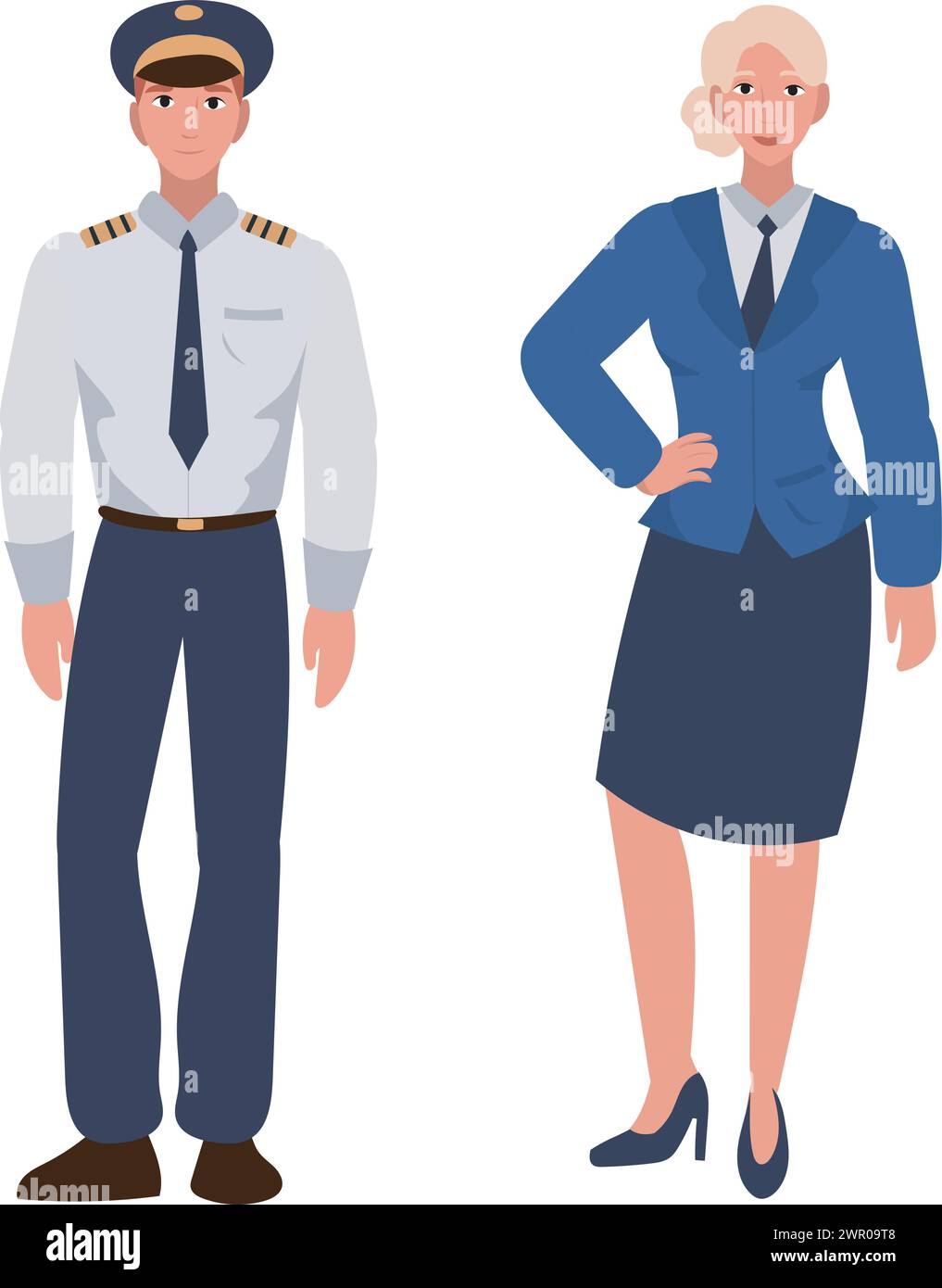Illustrazione vettoriale di un pilota maschio e di un'assistente di volo femminile in abbigliamento aeronautico professionale. Equipaggio della compagnia aerea in uniforme. Illustrazione Vettoriale