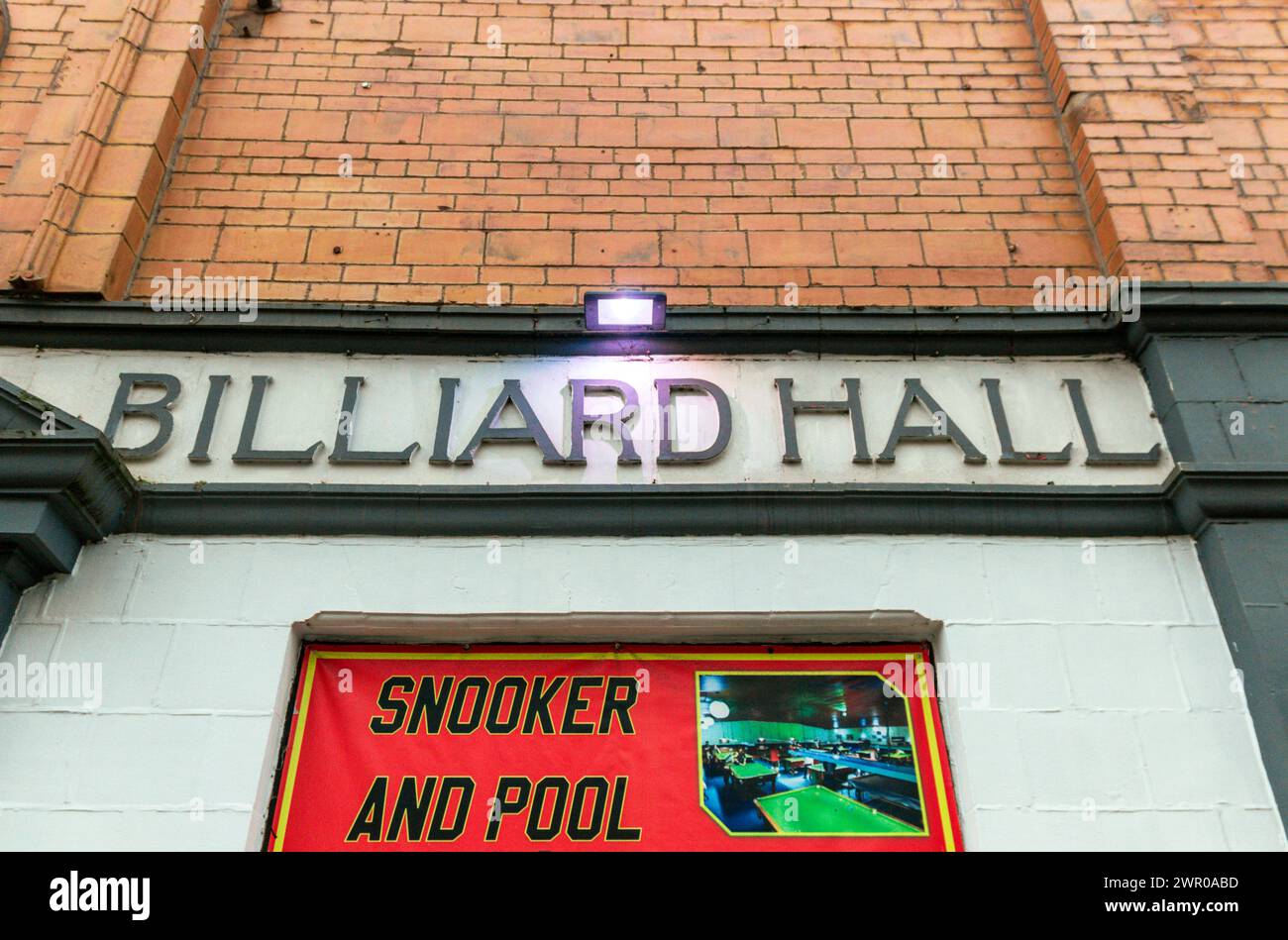 Insegna per Alexandra Billiard Hall. Holme Street, Nelson. Foto Stock