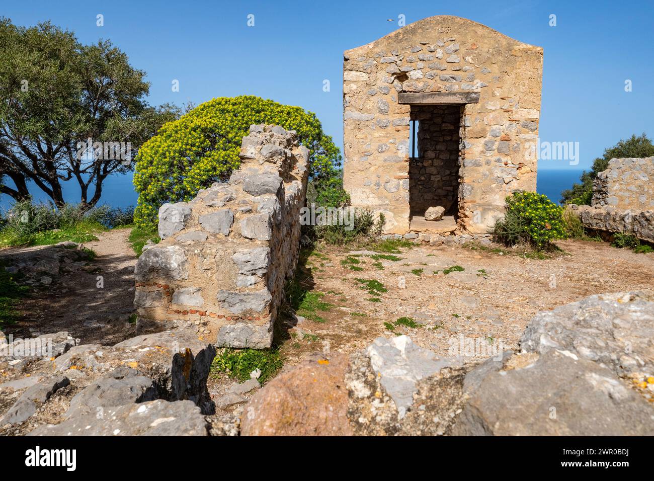 Torre di avvistamento del Castello Rocca di Cefalù sull'isola italiana di sicilia Foto Stock