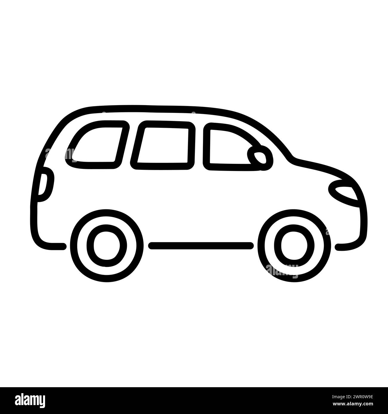 Icona della linea del minivan in cartoni animati disegnati a mano in stile doodle. Grande auto di famiglia. Illustrazione grafica clip vettoriale. Illustrazione Vettoriale