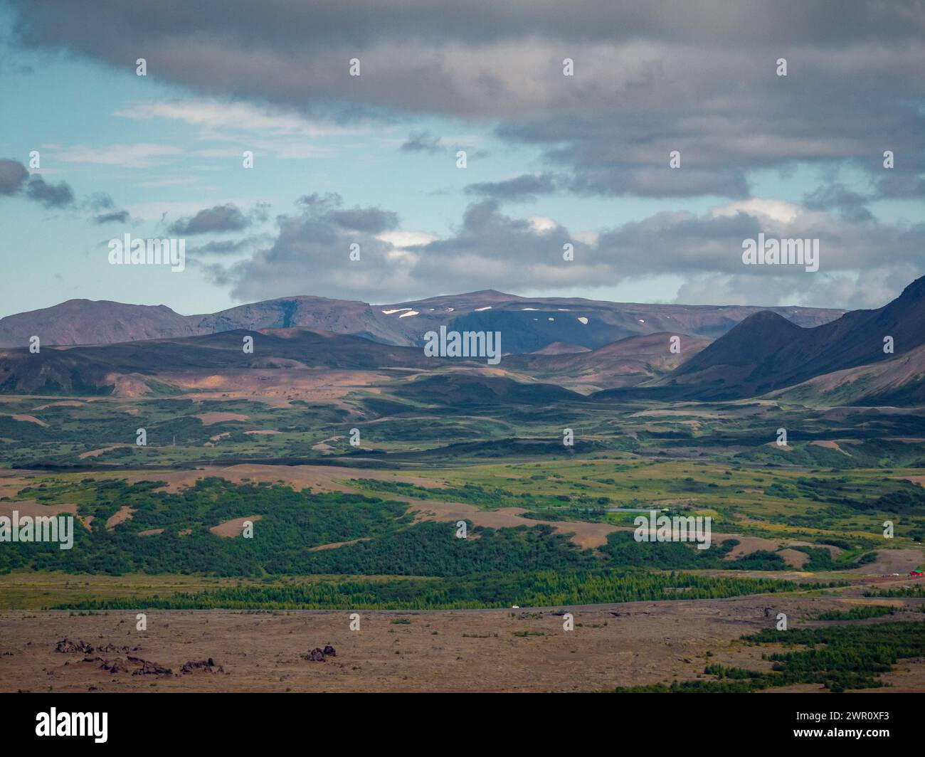 Paesaggio estivo di natura nordica, entroterra costiero in Islanda con pittoresca valle e magnifiche montagne sullo sfondo, foto aeree. Foto Stock