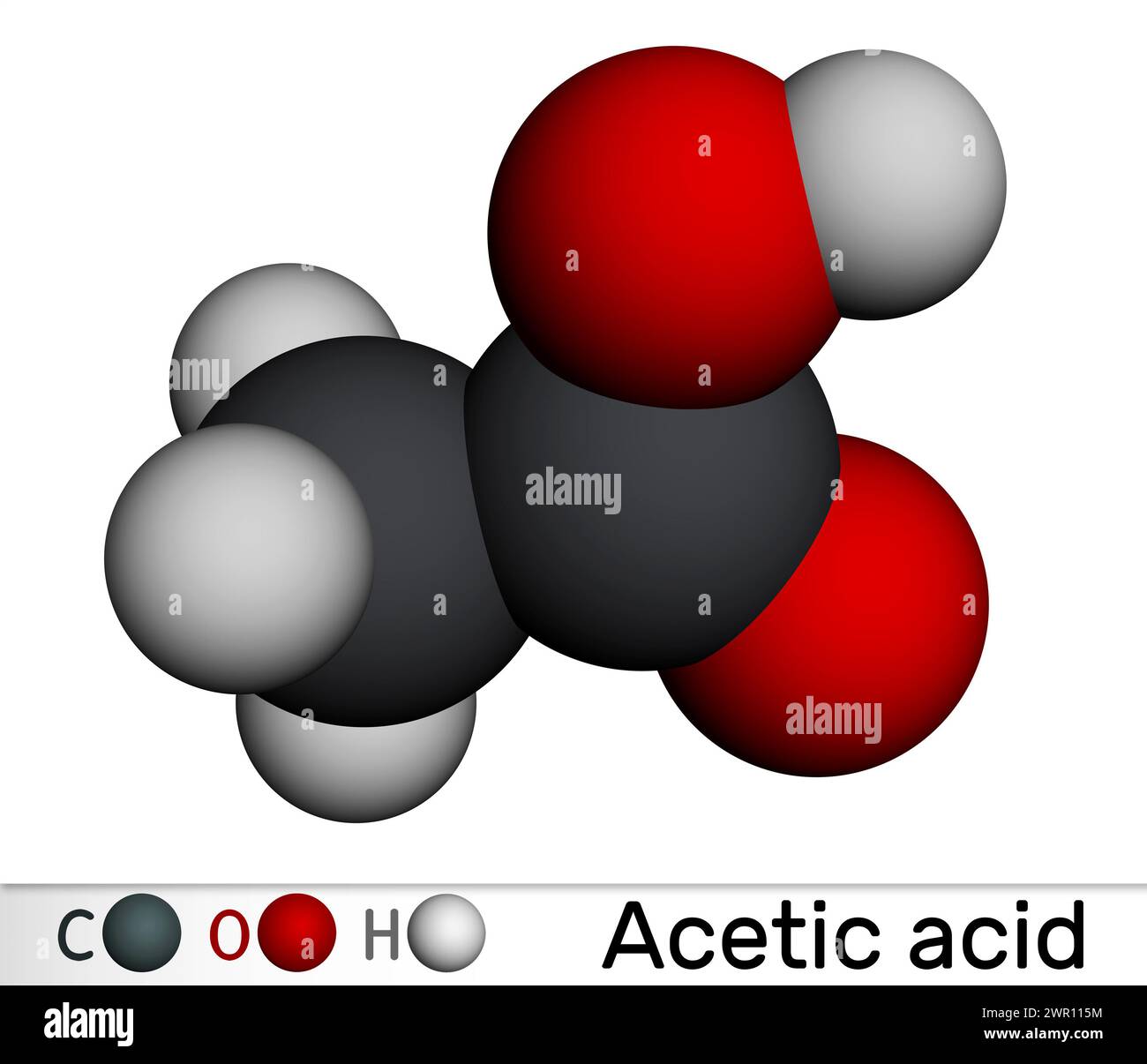 Acido acetico, acido etanoico, molecola CH3COOH. Modello molecolare. Rendering 3D. Illustrazione Foto Stock