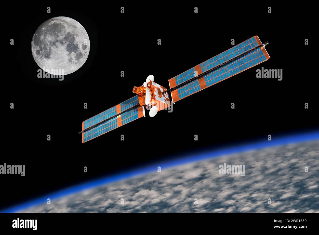 Modello di satellite Olympus Communications nello spazio che orbita attorno alla Terra mostrando nuvole di pianeti e Hunter Moon. Olympus costruito dall'Agenzia spaziale europea Foto Stock