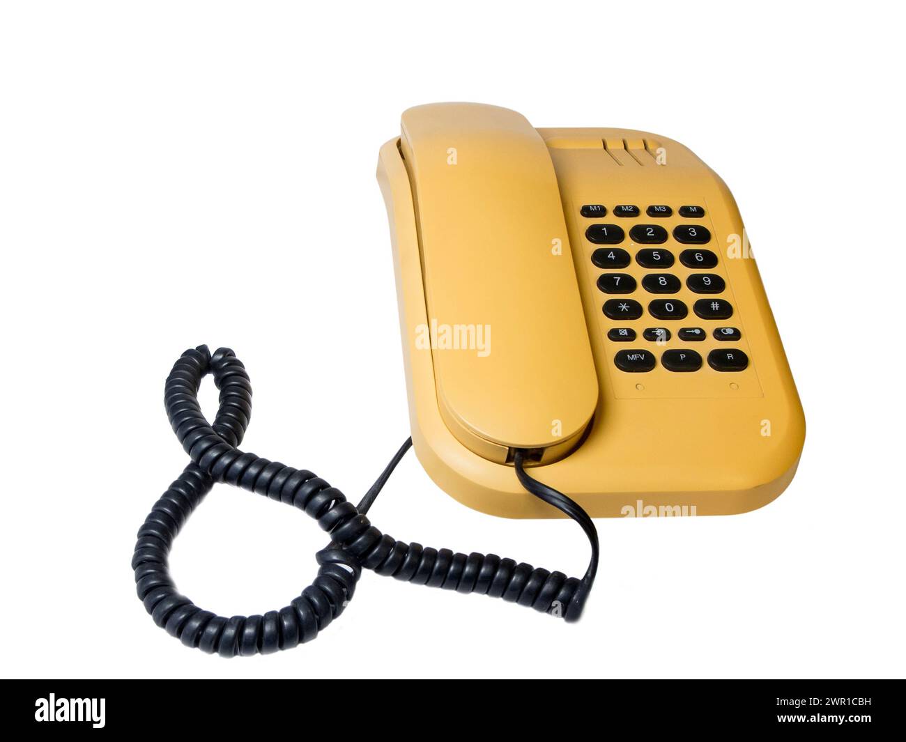 Altes analoges Tastentelefon mit Telefonhörer und Ringelkabel isoliert auf Weiß. Foto Stock