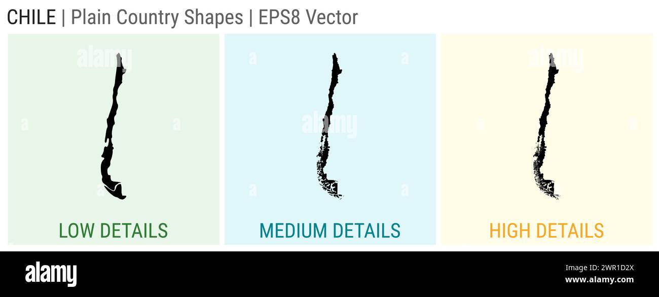 Cile - forma di campagna pianeggiante. Mappe dettagliate del Cile basse, medie e alte. Illustrazione del vettore EPS8. Illustrazione Vettoriale
