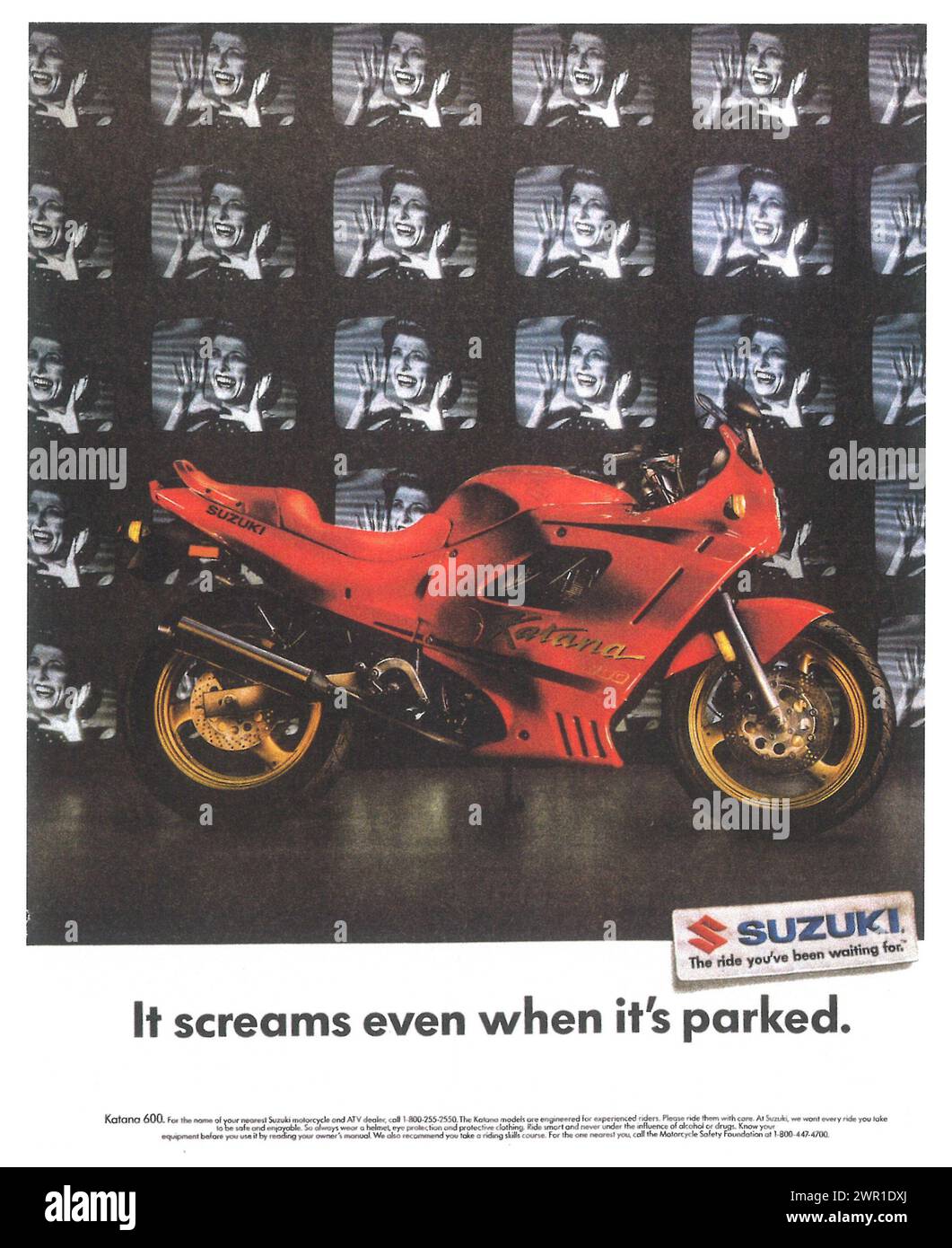 1990 Suzuki Katana 600 annuncio stampa motociclette. "Urla anche quando è parcheggiato" Foto Stock