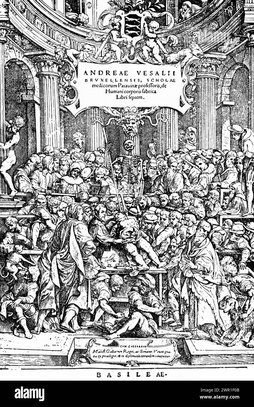 Frontespizio a "De Humani Corporis Fabrica libri Settm", 1543, di Andreas Vesalius (1514-1564). Il magnum opus di Vesalius presenta un attento esame degli organi e della struttura completa del corpo umano. Foto Stock