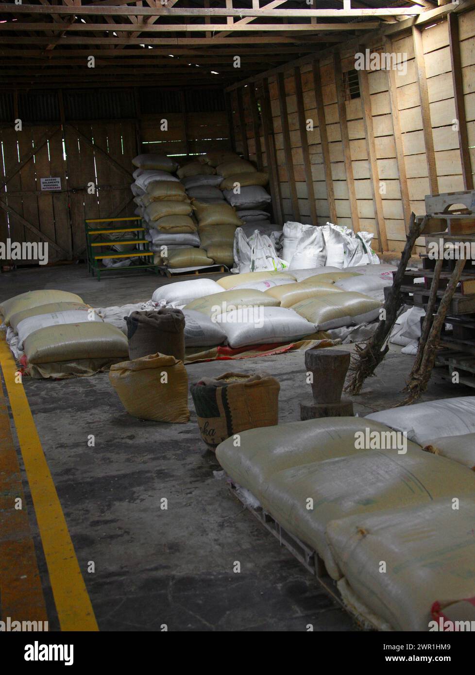 Area per il confezionamento dei chicchi di caffè, Doka Coffee Estate, Sabanilla de Alajuela, Poas Volcano National Park, Costa Rica. Foto Stock