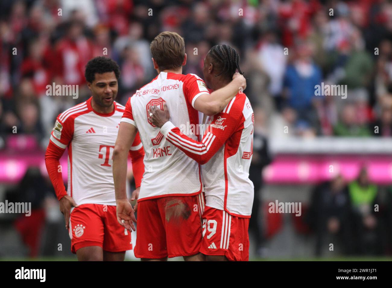 MONACO, Germania. , . 39 Mathys TEL, 9 Harry KANE e 22 Raphael GUERREIRO celebrano il gol di Serge Gnabry durante la partita di Bundesliga tra il Bayern Muenchen e l'FSV MAINZ 05 all'Allianz Arena di Monaco il 9. Marzo 2024, Germania. DFL, Fussball, 8:1, (foto e copyright @ ATP Images/Arthur THILL (THILL Arthur/ATP/SPP) crediti: SPP Sport Press Photo. /Alamy Live News Foto Stock