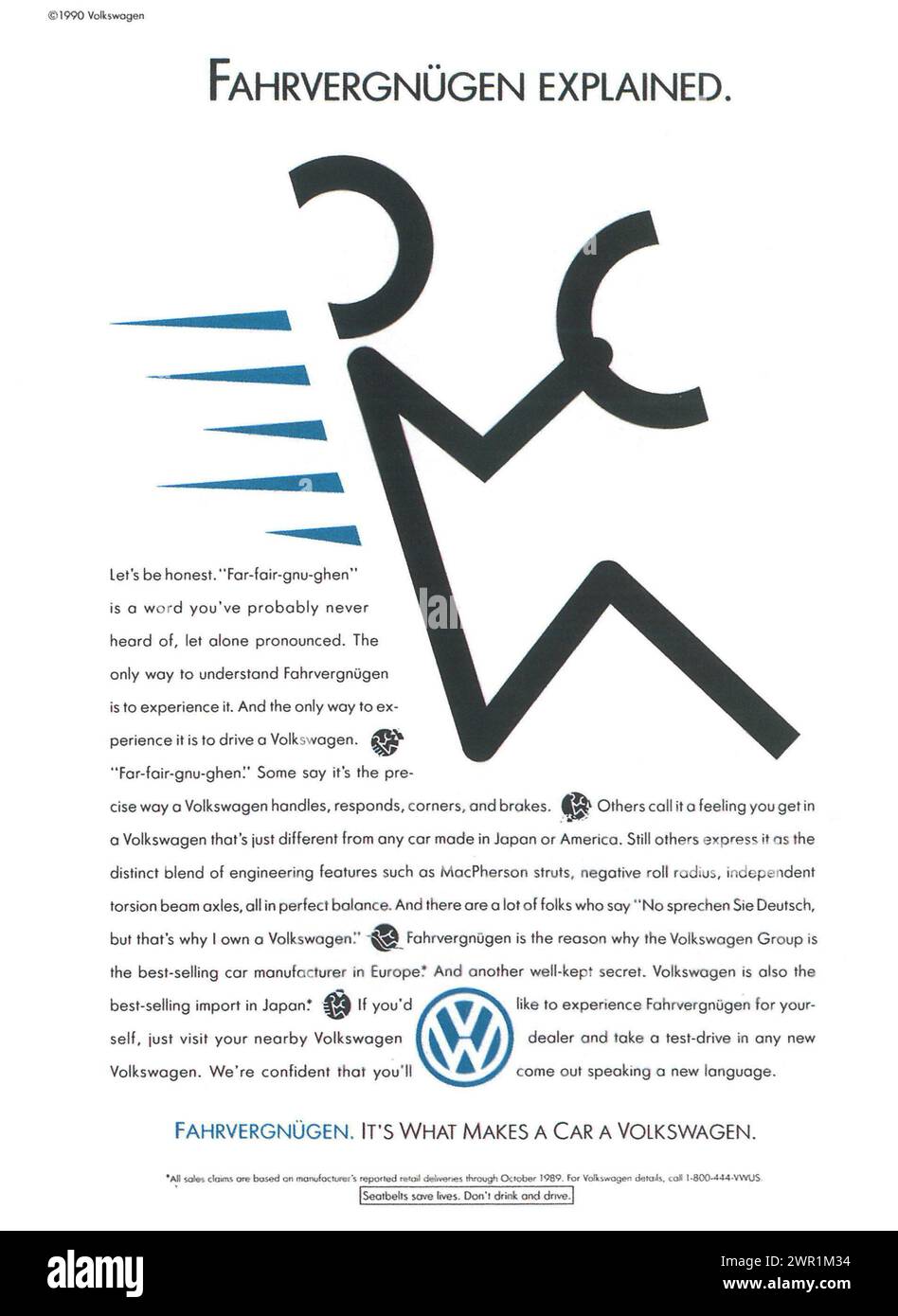 1990 VW Fahrvergnügen spiega Volkswagen Print Ad Foto Stock