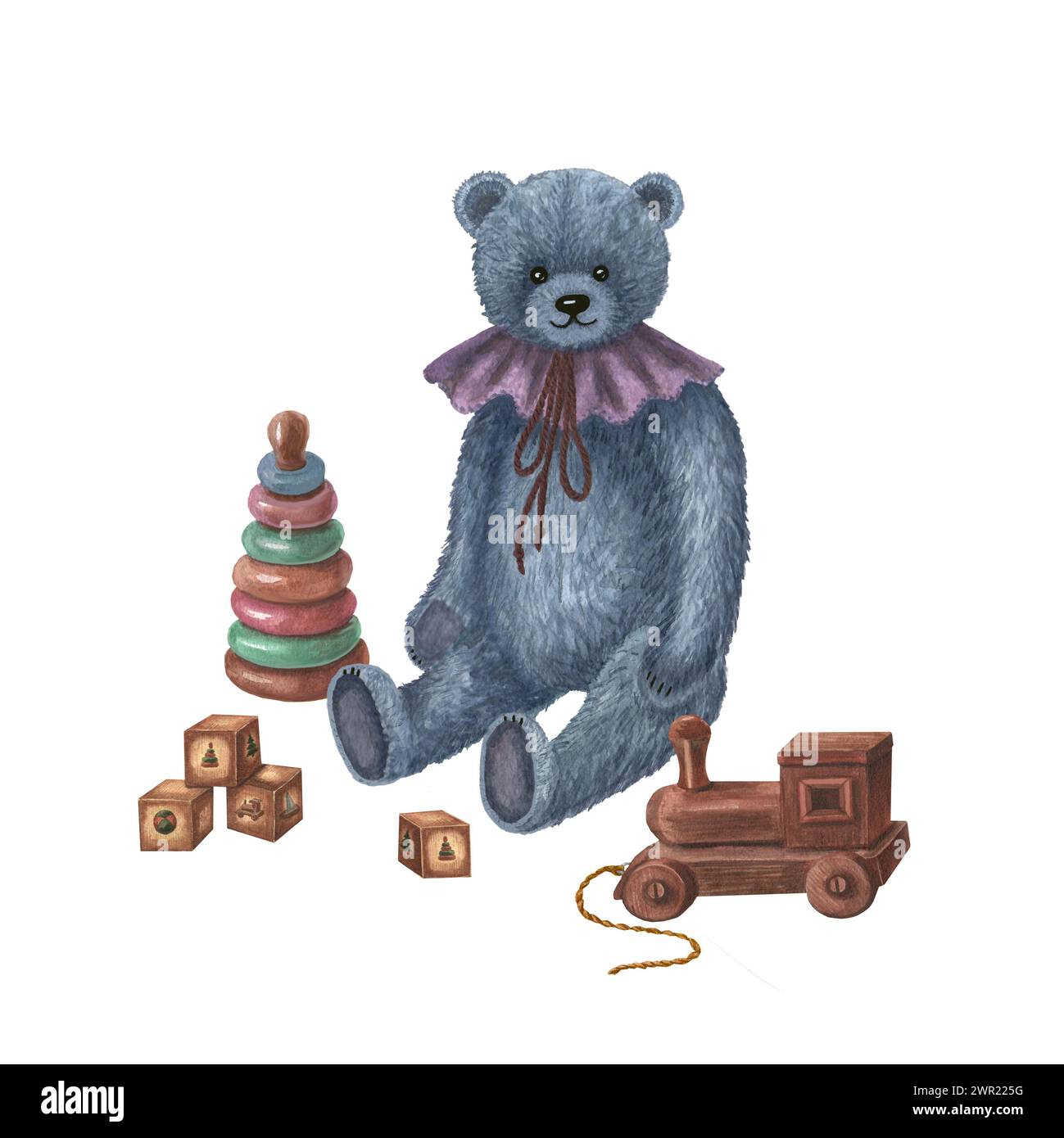 Composizione acquerello per bambini. Orsacchiotto con giocattoli. Crea la composizione ad acquerello per la decorazione di pareti, cartoline, copertine Foto Stock