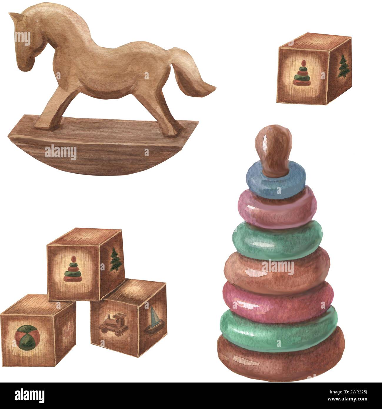 Fantasia con giocattoli di legno. Illustrazione disegnata a mano con acquerello. Motivo per carta da parati, carta da imballaggio, carta da sfregamento Foto Stock