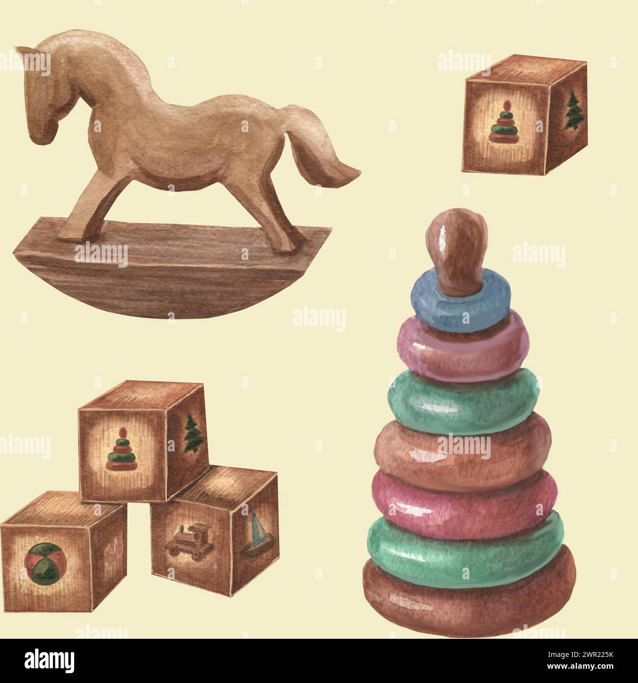 Fantasia con giocattoli di legno. Illustrazione disegnata a mano con acquerello. Motivo per carta da parati, carta da imballaggio, carta da sfregamento Foto Stock