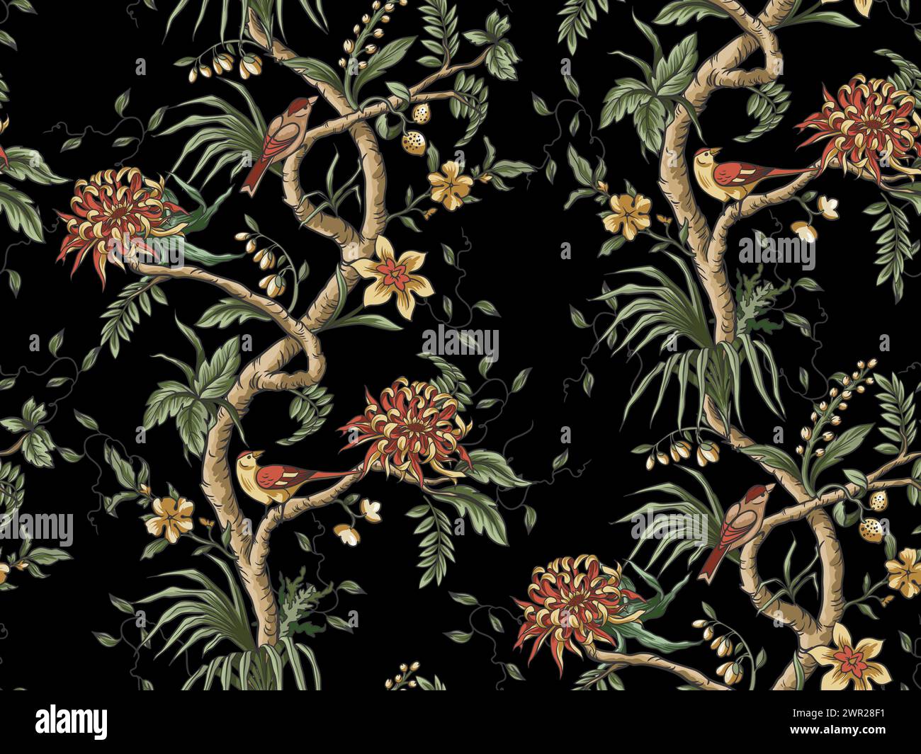 Modello chinoiserie senza cuciture con rami, fiori e uccelli. Vettore. Illustrazione Vettoriale