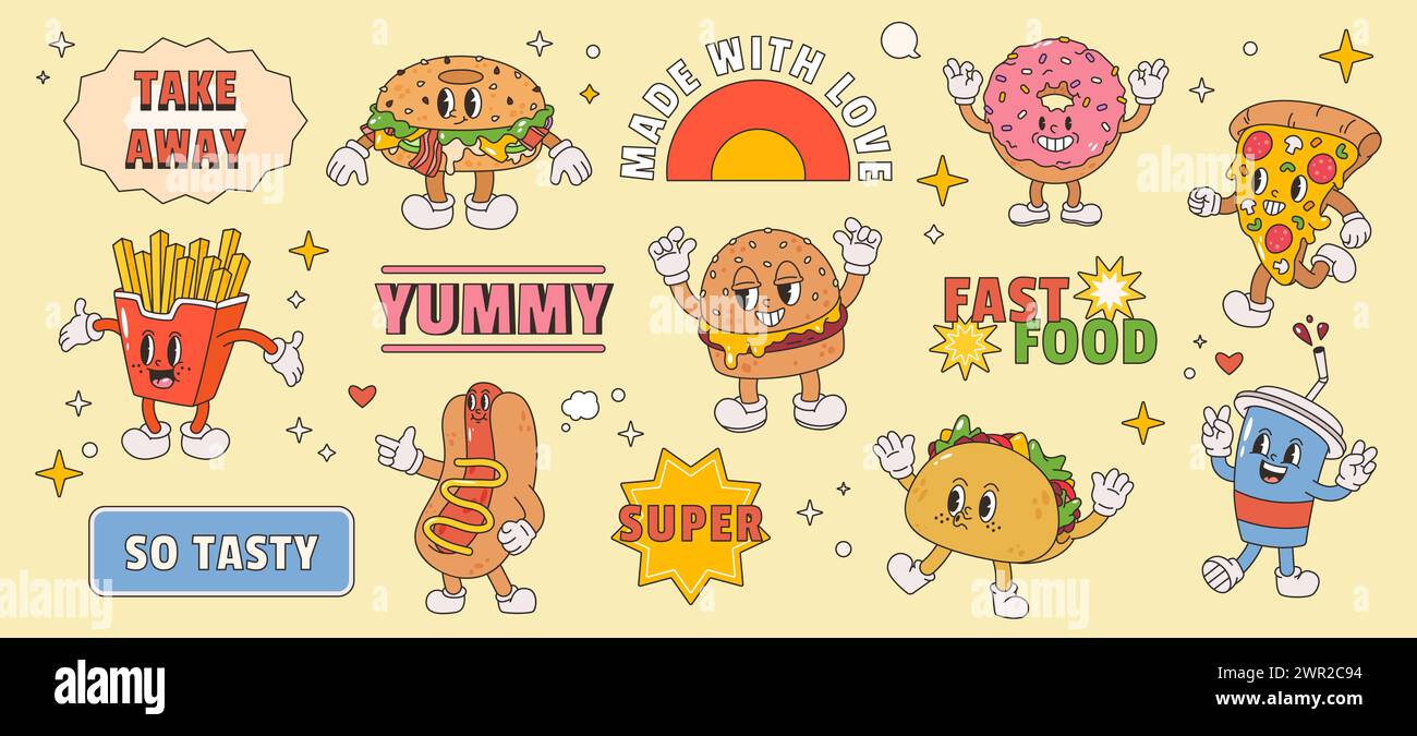 Personaggi del fast food. Ottimi adesivi e divertenti hamburger, hot dog e pizza a fette. Design cartoni animati in stile retrò per un ristorante o un caffè alla moda Illustrazione Vettoriale