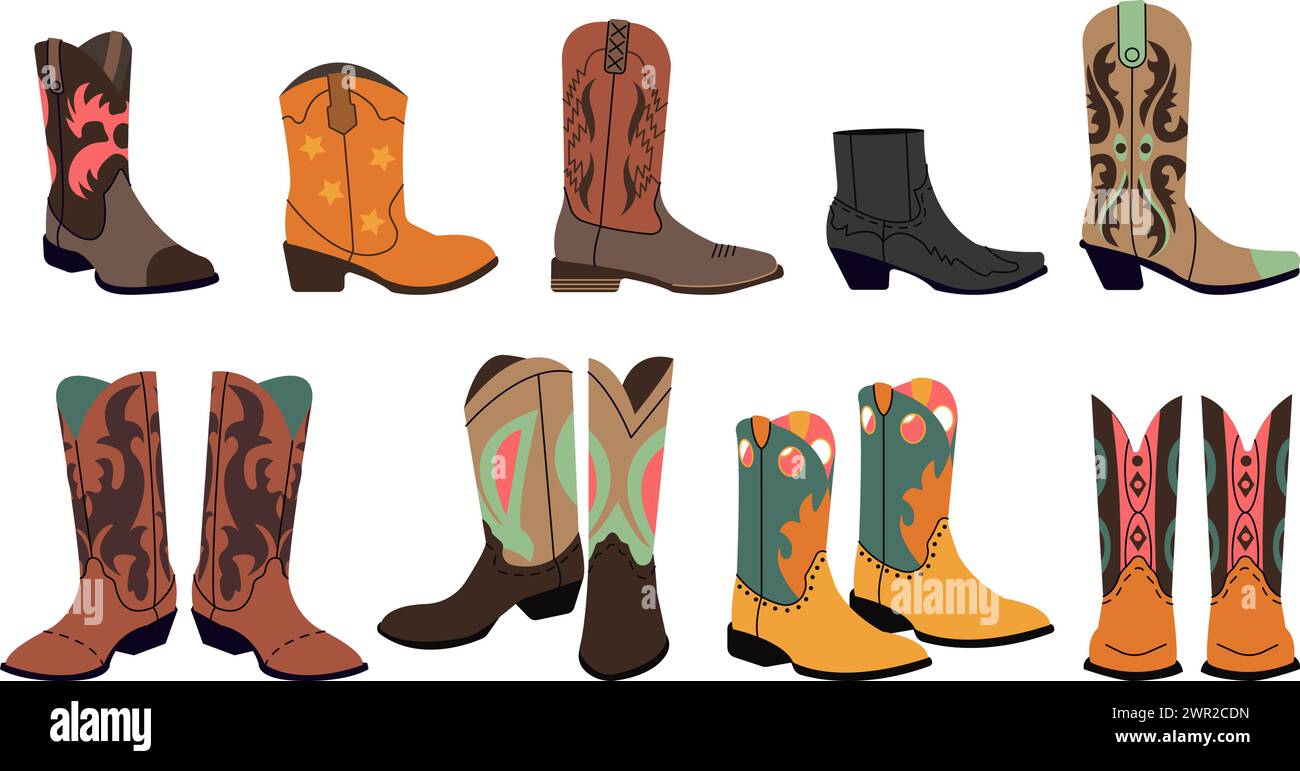 Stivali da cowboy. Stivale alla moda Wild West con elementi decorativi. Scarpe eleganti da cowgirl, accessori in stile western cartoni animati collezione vettoriale decente Illustrazione Vettoriale