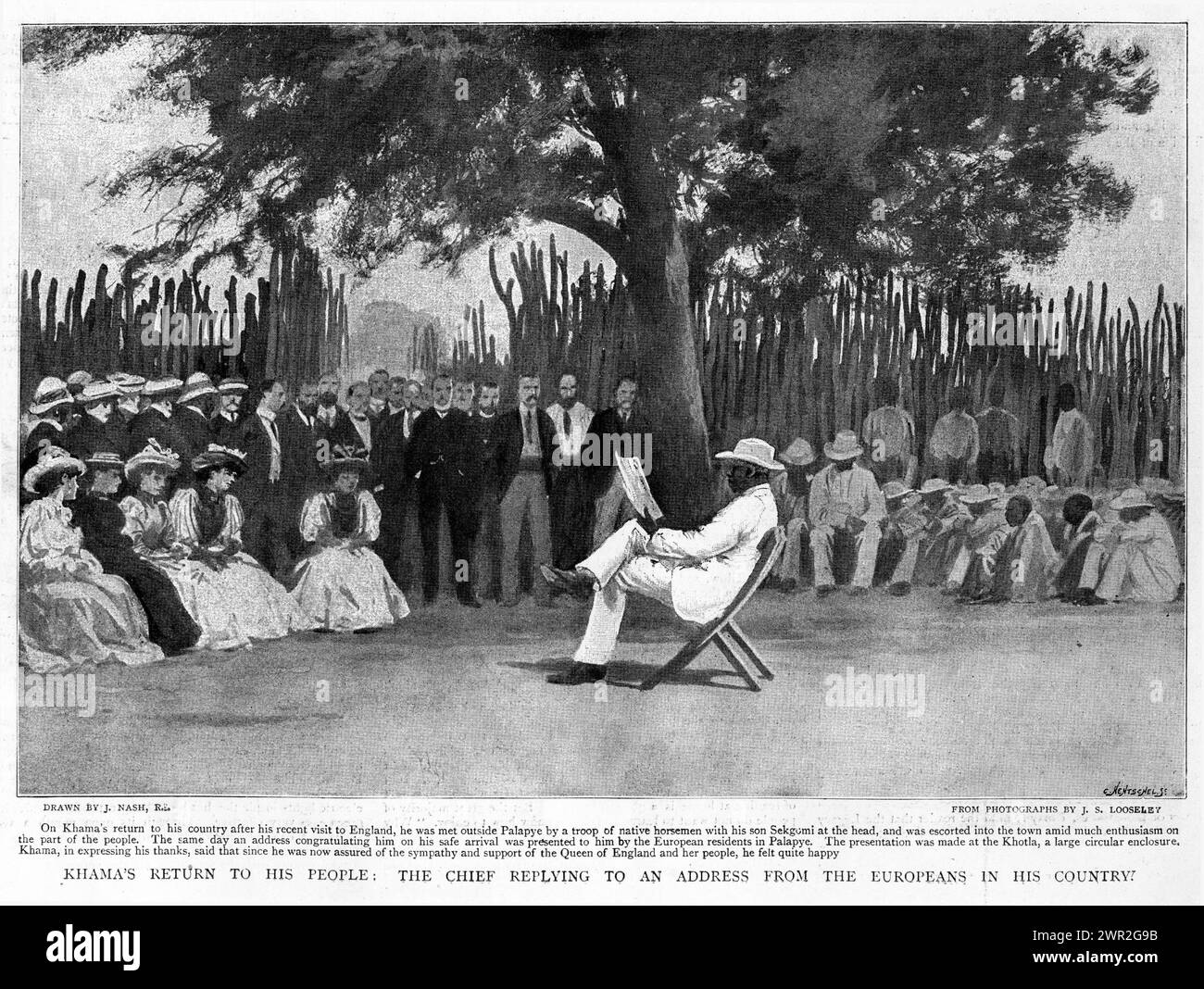 Incisione del re Khama III del Botswana che risponde ad un discorso degli europei nel suo paese, intorno al 1896 Foto Stock